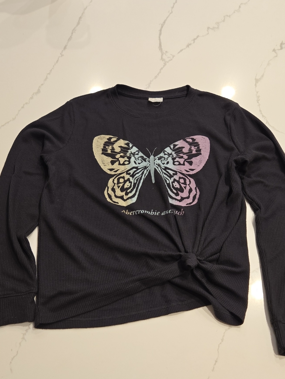 Abercrombie Kids Black Waffle Long-Sleeve Butterfly Top